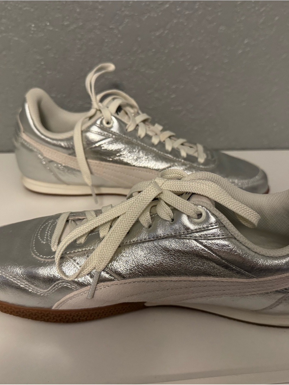 Puma Women’s Silver Metallic Sneaker with Cream Accents - Picture 3 of 5